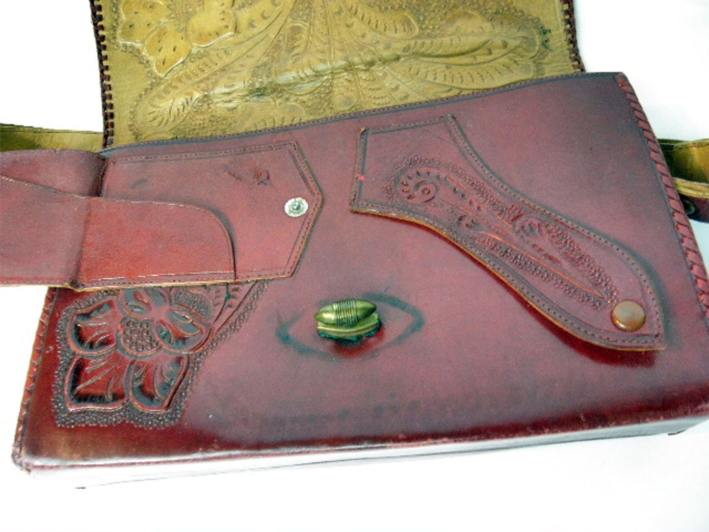 Vintage Maroon Red Western Tooled Leather Purse Bag from the 40's - 50's