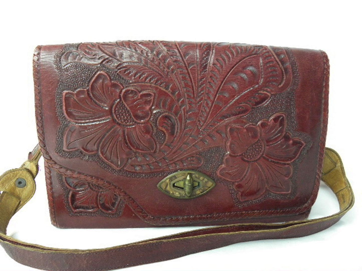 Vintage Maroon Red Western Tooled Leather Purse Bag from the 40's - 50's