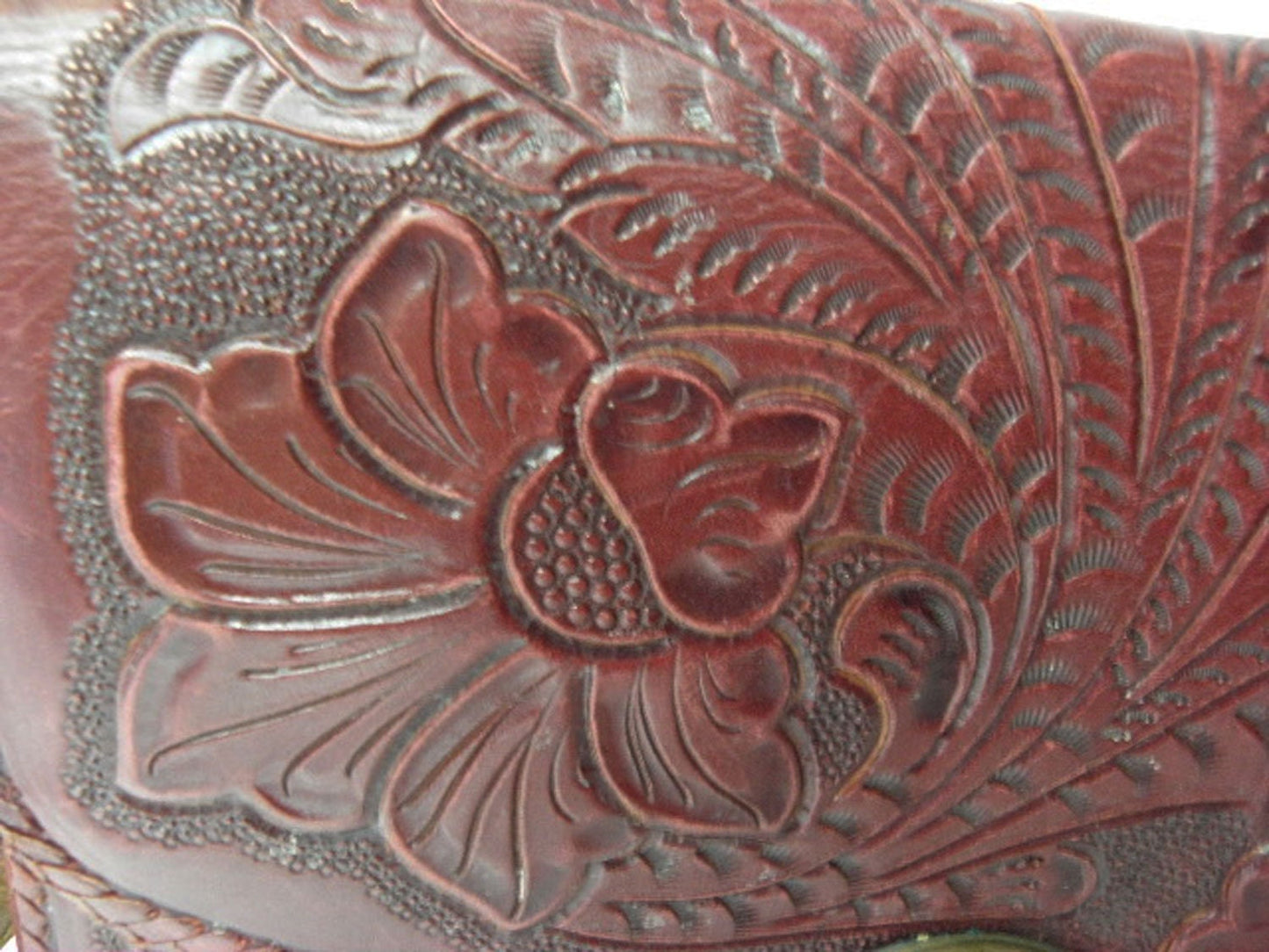 Vintage Maroon Red Western Tooled Leather Purse Bag from the 40's - 50's