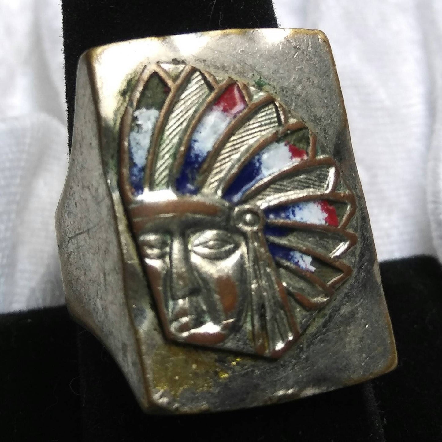 Rare Vintage Mexican Silver Enamel Indian Chief Man's Ring in size 10