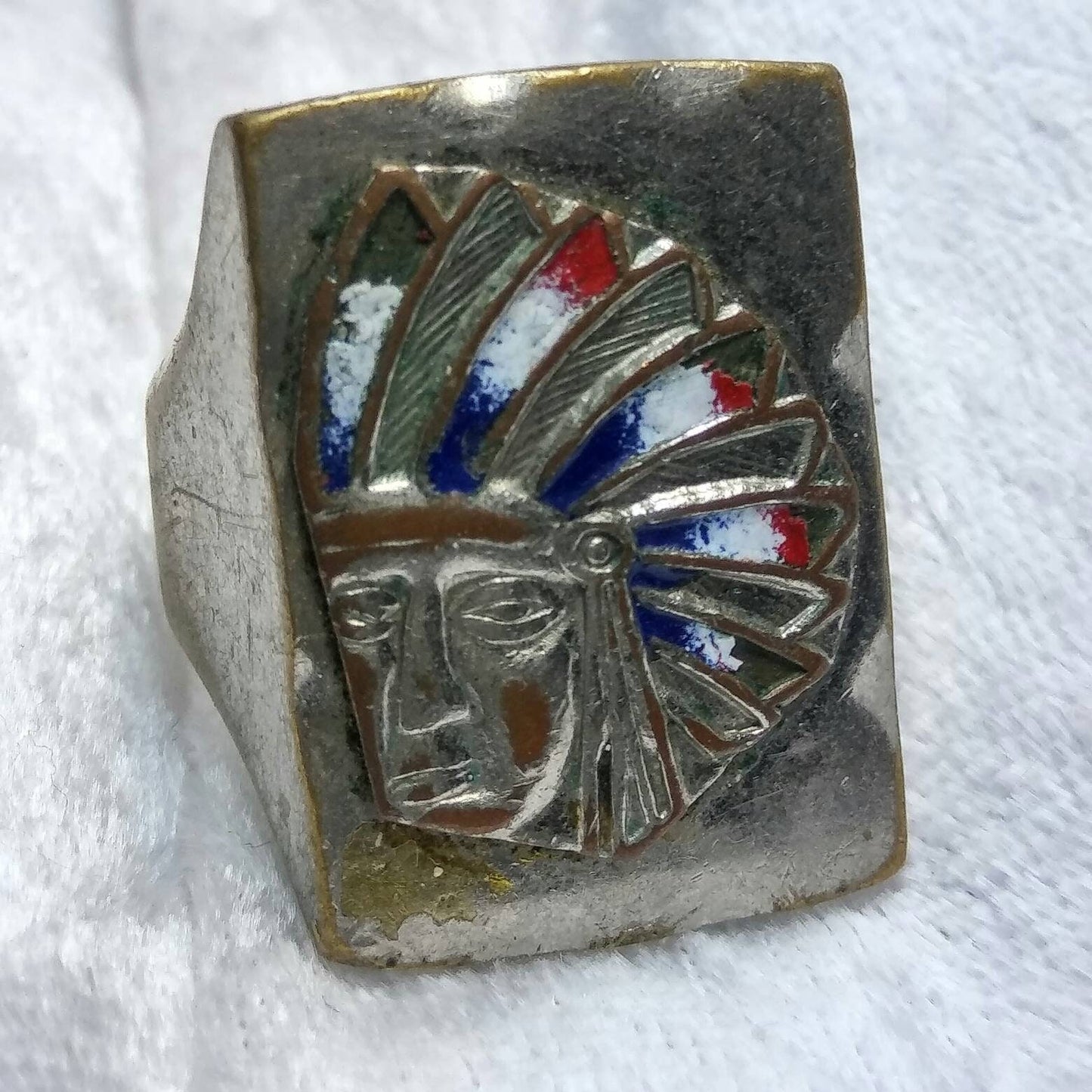 Rare Vintage Mexican Silver Enamel Indian Chief Man's Ring in size 10