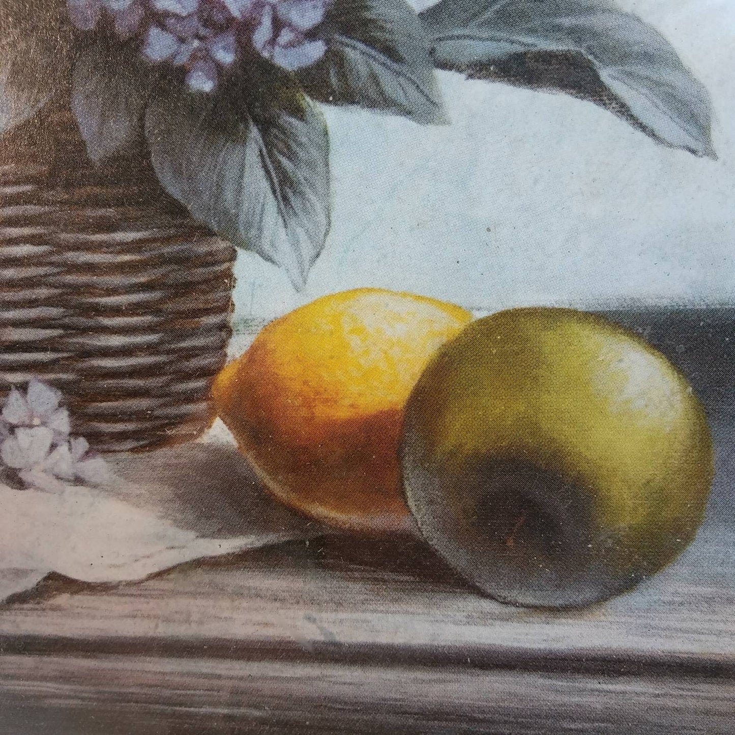 Vintage Country Still Life Print - Birdhouse Fruit Flower Basket Wooden Table from the 1970's