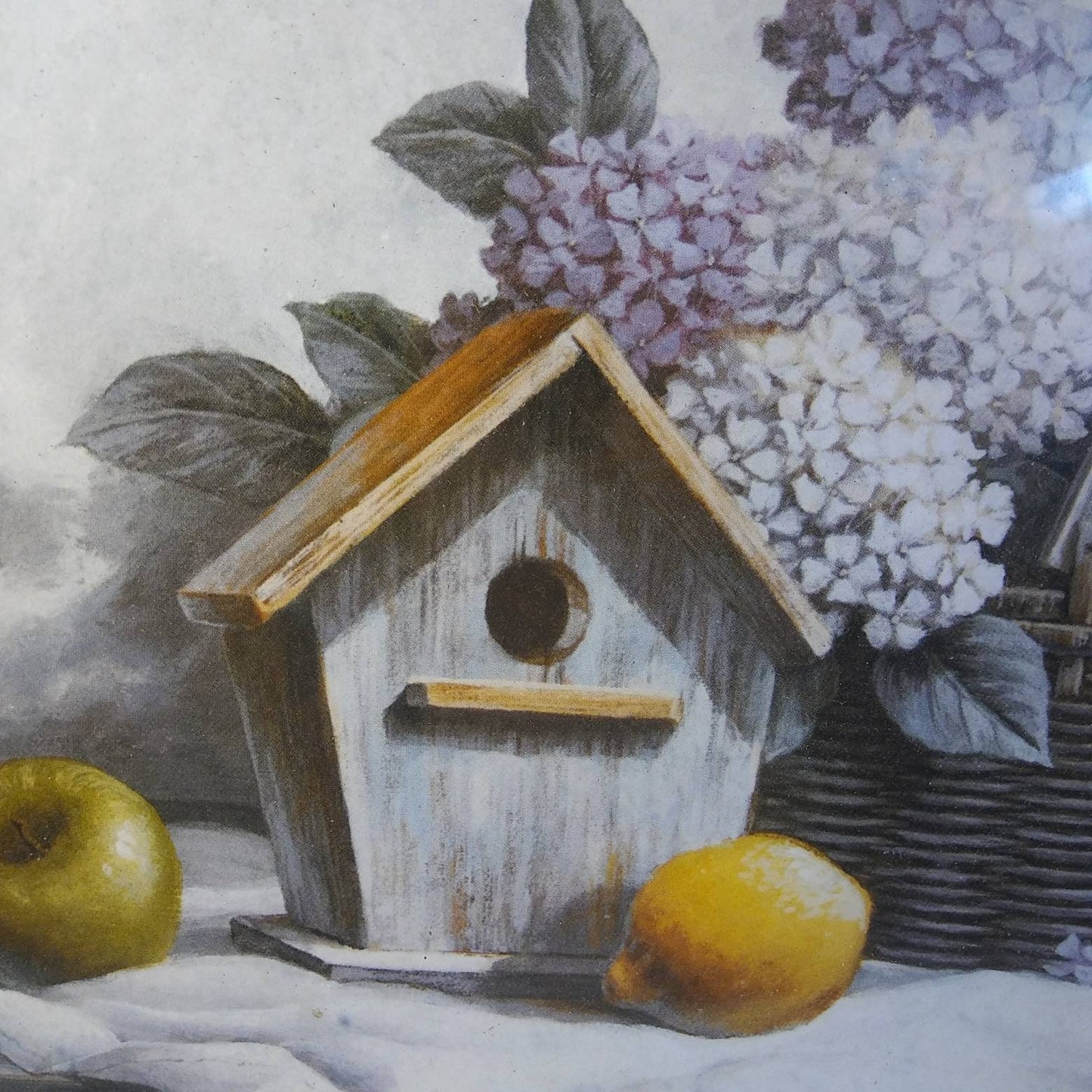 Vintage Country Still Life Print - Birdhouse Fruit Flower Basket Wooden Table from the 1970's