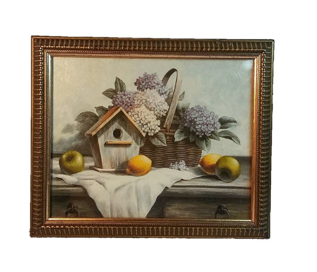 Vintage Country Still Life Print - Birdhouse Fruit Flower Basket Wooden Table from the 1970's