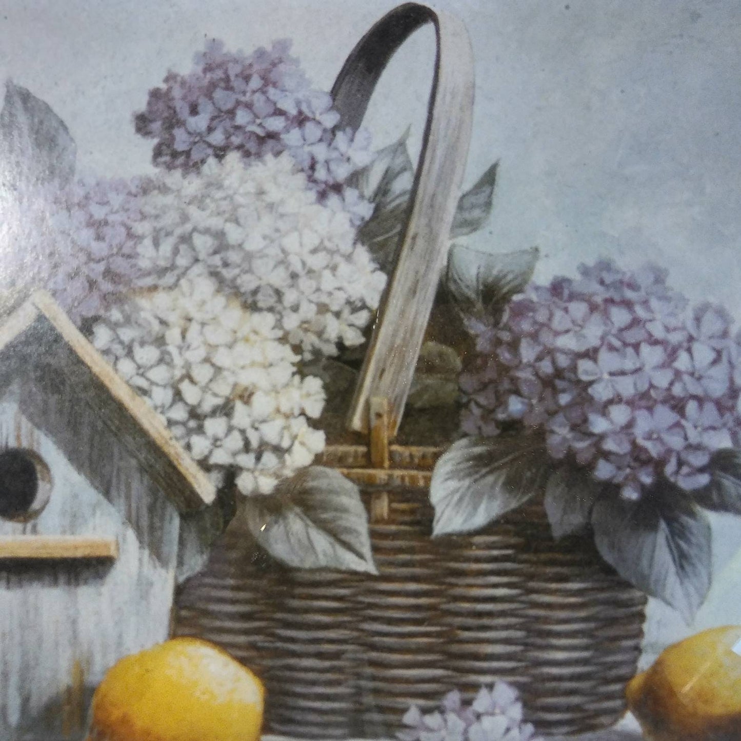 Vintage Country Still Life Print - Birdhouse Fruit Flower Basket Wooden Table from the 1970's