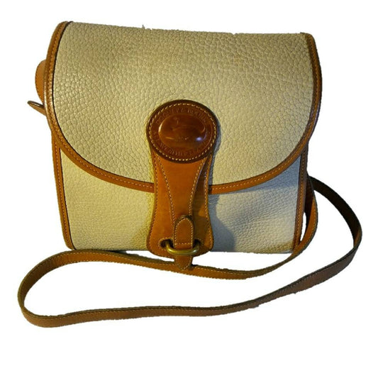 Vintage HIPSTER Dooney and Bourke Equestrian Essex All Weather Leather Taupe and British Tan Cross Body Purse Bag from the eighties