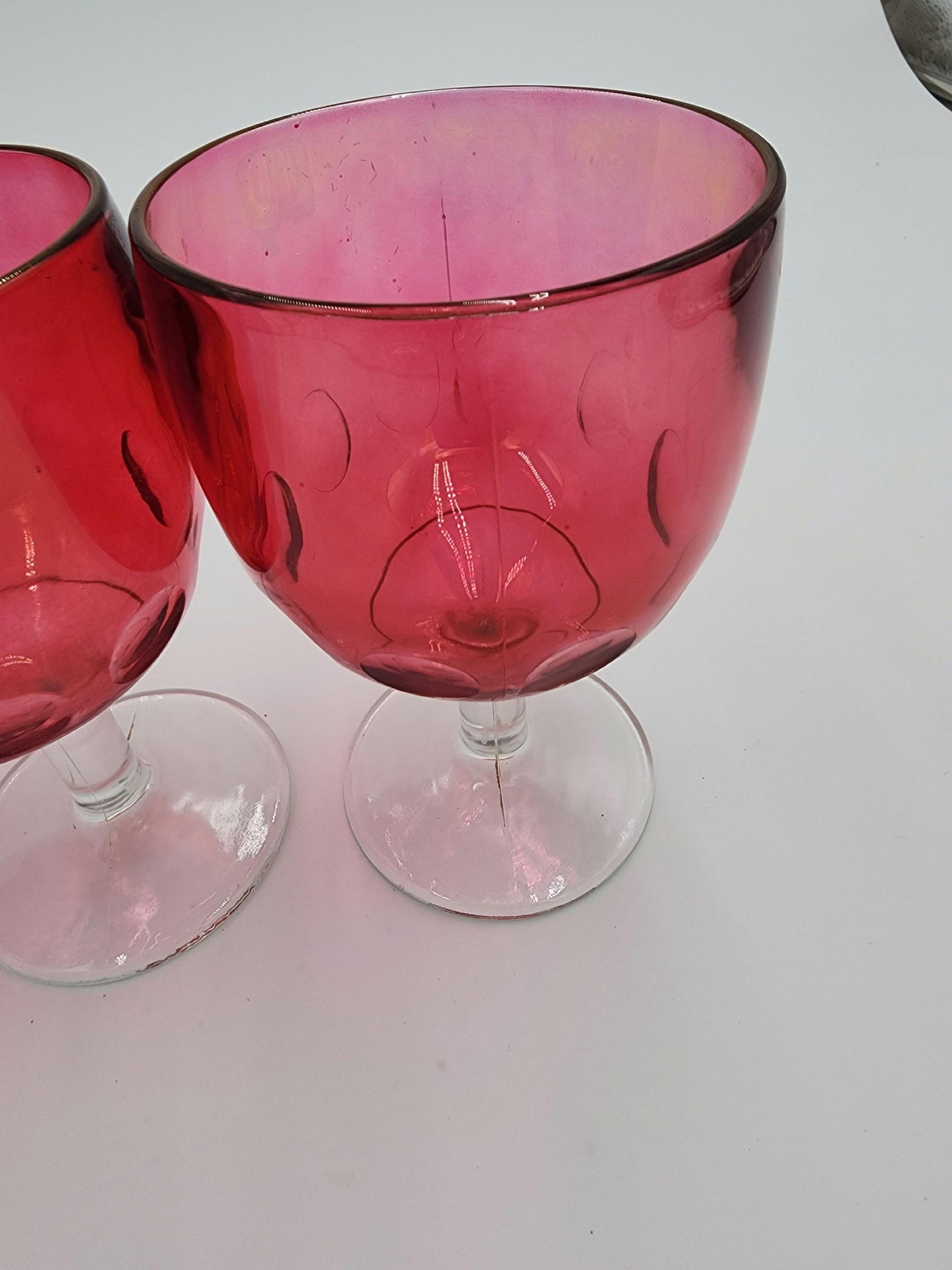 Vintage Bartlett Collins Iridescent Cranberry Glass Wine Thumbprint Goblets