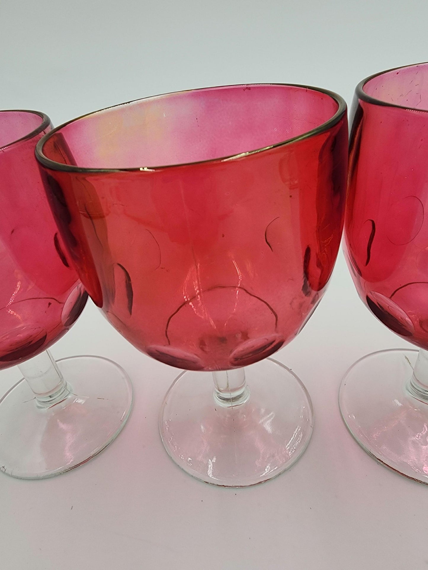 Vintage Bartlett Collins Iridescent Cranberry Glass Wine Thumbprint Goblets