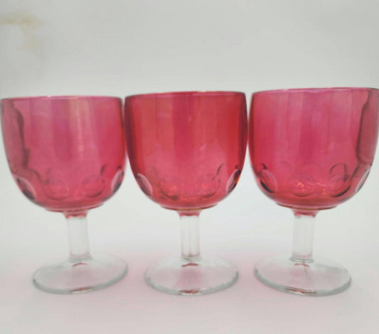 Vintage Bartlett Collins Iridescent Cranberry Glass Wine Thumbprint Goblets