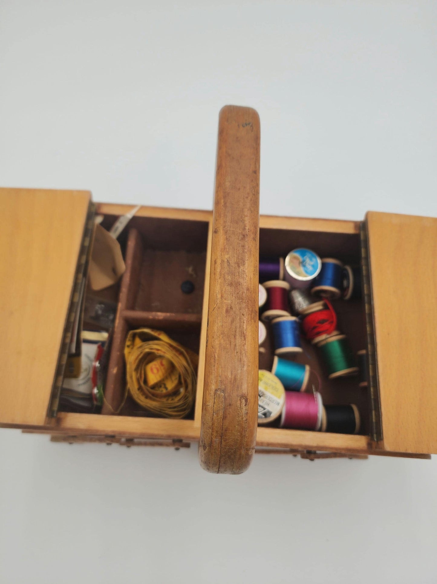 Vintage Cantilever Wooden Sewing Box with Sewing Supplies from 1960's