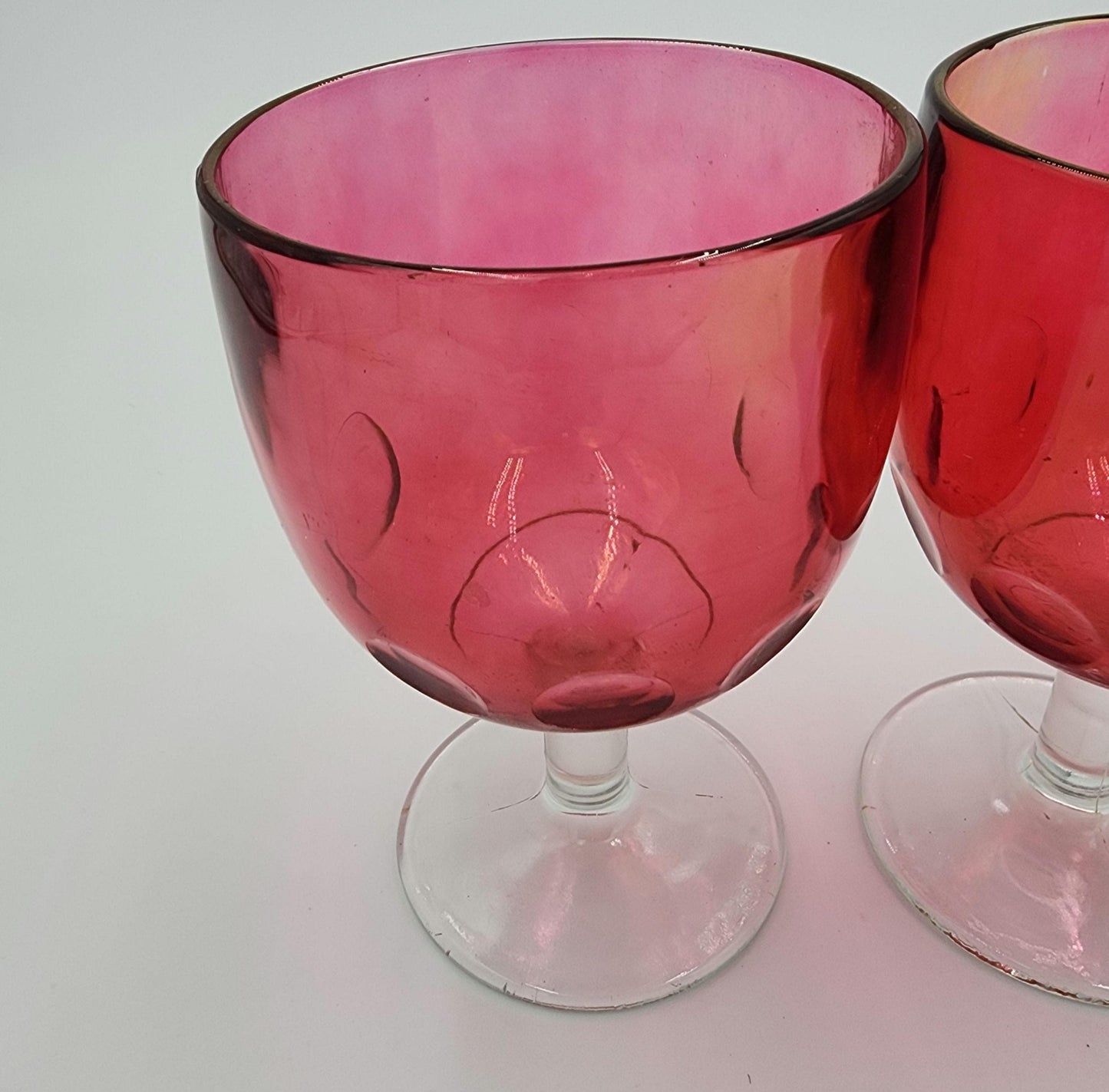 Vintage Bartlett Collins Iridescent Cranberry Glass Wine Thumbprint Goblets