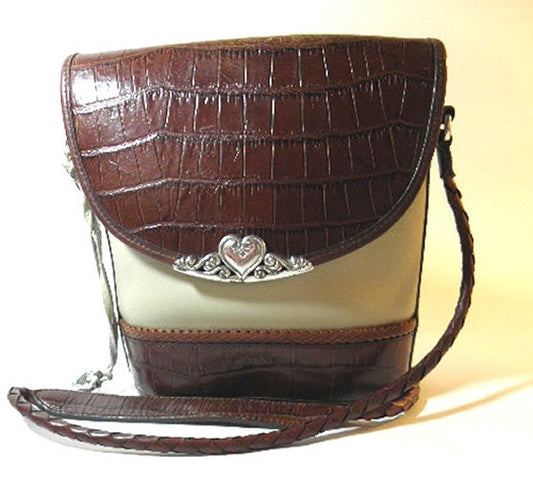 RARE Brighton Western Brown and Cream Vintage Purse with Mock Croc and Silver Tone Metal Decor, 1990's